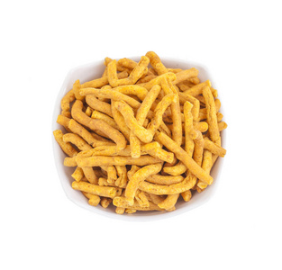 严重性是一种受欢迎的印度小吃食品, 由鹰嘴豆面粉糊制成的小块脆酥面条组成, 在油中油炸之前, 它是用姜黄卡宴和 ajwain 