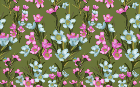 宽复古无缝背景图案。蓝色和粉红色的蜡野花叶。抽象, 手绘, 矢量