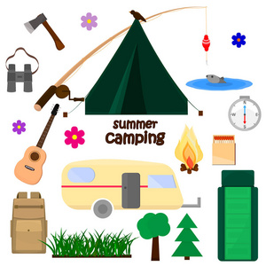背景为夏令营自然旅游野营设计理念。向量