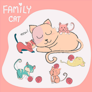 涂鸦手画可爱的猫与婴儿家庭