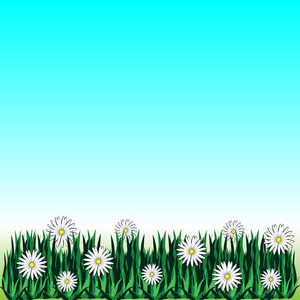 花与草被隔绝在蓝色背景。矢量插图