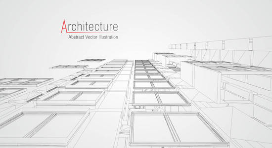 现代建筑线框图。城市线框图的概念。建筑 Cad 绘图的线框建筑插图