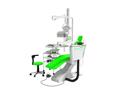现代绿色椅子为牙医与白色床边桌用工具和照明为牙科工作3d 渲染白色背景无阴影