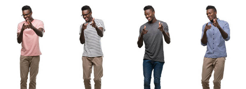 非洲裔美国人的拼贴画穿着不同的服装, 指着手指, 带着快乐和滑稽的面孔拍照。良好的能量和共鸣