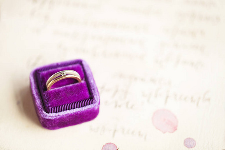 婚礼请柬和古董戒指在丝绒盒