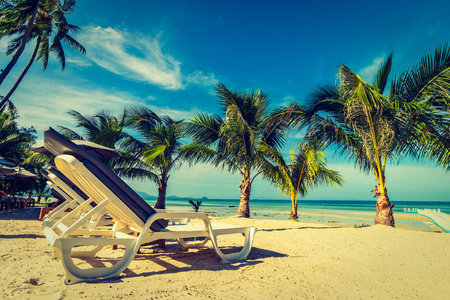 美丽的户外海景与雨伞和椅子围绕椰子棕榈树的旅行和度假