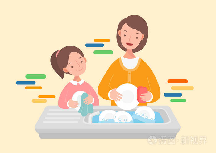 母亲和女儿洗碗