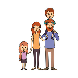 彩色图像漫画大家庭父母与他的背部和女儿采取手的男孩