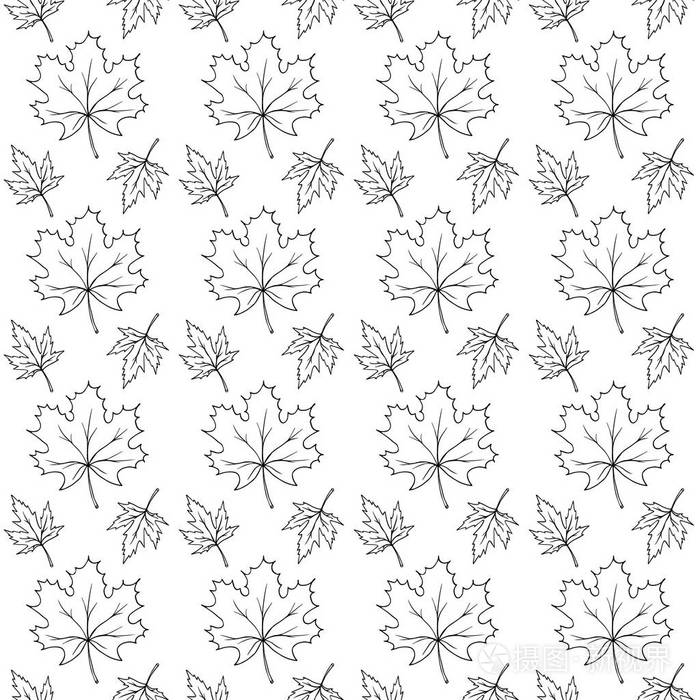 秋天落叶图案, 手画素描风格, 黑白矢量插图