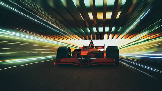 跑车快速驾驶达到冠军 dreame, 运动模糊和照明效果适用。3d 渲染和混合介质组合