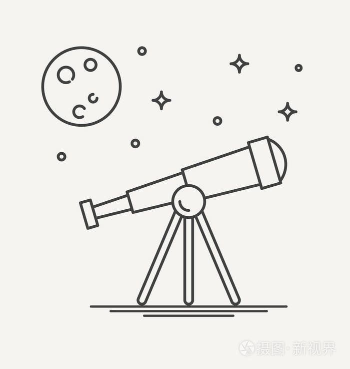 细线设计的望远镜期待恒星和行星.科学发现的概念.矢量图