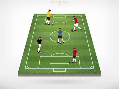 足球运动员和足球足球在足球场区域的白色背景。户外运动的抽象动作为创造足球游戏。矢量插图