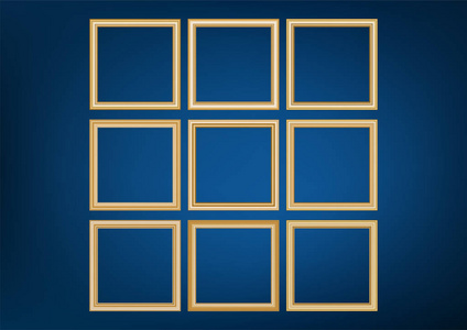 带金色边框的装饰框架图片集, 蓝色背景上的矢量设计与复制空间的溢价概念