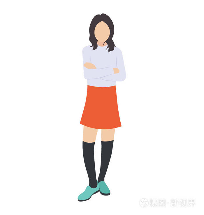 一个瘦的十几岁的女孩穿着裙子和站立与胳膊折叠