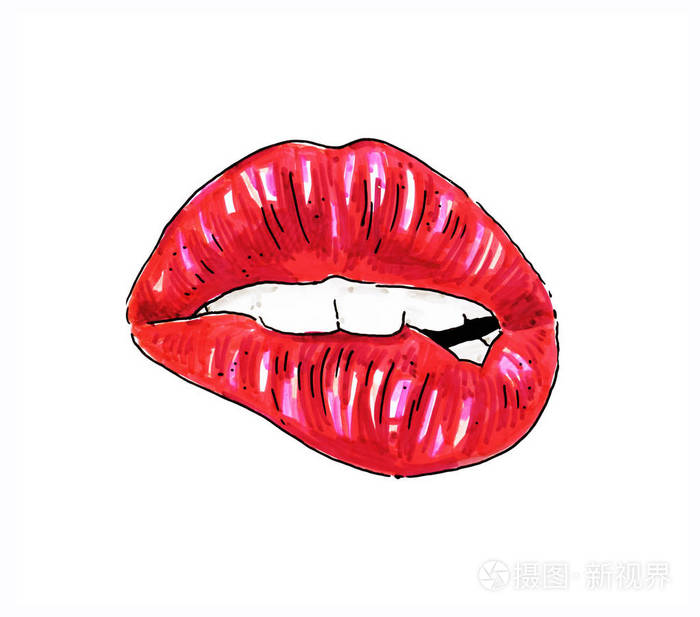 女性的红红的嘴唇,绘图.手工.彩色素描毡尖笔