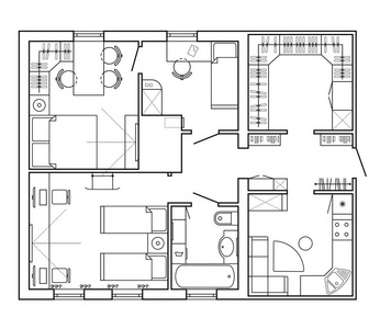 黑色和白色的房子的建筑计划。在绘图视图中家具的公寓的布局。与厨房和浴室 客厅和卧室。图形设计元素。矢量