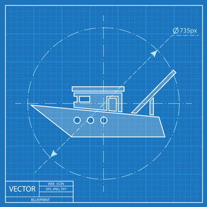 机动渔船船标志，矢量图标。蓝图样式