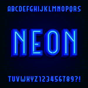 霓虹字母表矢量字体。3d 键入字母与蓝色霓虹灯管和阴影