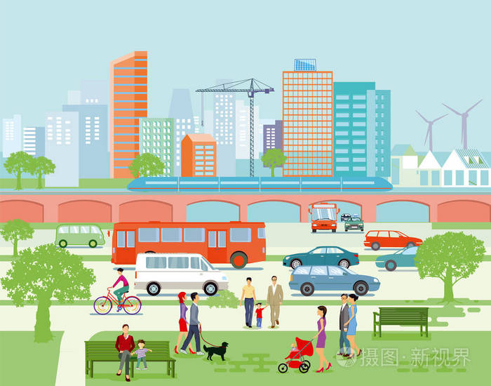 与道路交通及行人的大城市全景插画-正版商用图片0q4wk4-摄图新视界