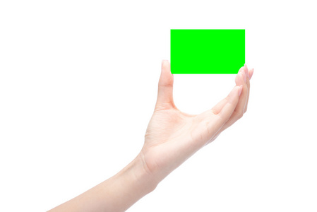 手里拿绿色色度键的空白名片便于迪库茨