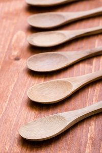 木制的勺子，木制的桌子上