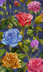 花的背景, 五颜六色的玫瑰花。手机机箱盖, 创意插图和创新艺术。逼真梦幻般的卡通风格艺术品场景, 墙纸, 故事背景
