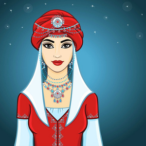 年轻漂亮的女人在一个红色头巾和银饰品。背景