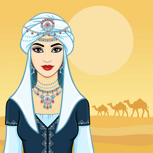 年轻漂亮的女人在一个白色的头巾和银饰品。背景沙漠 骆驼商队