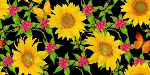 花卉无缝图案。黄色向日葵, 绿叶, 鲜艳的花朵, 蝴蝶