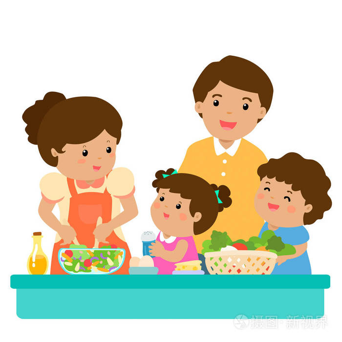 快乐家庭厨师健康食品一起卡通人物矢量