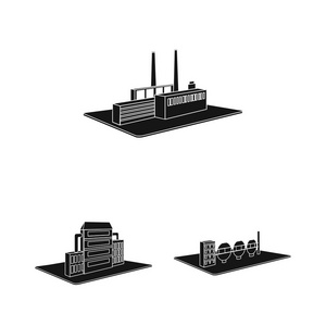工厂和工厂的黑色图标集设计。生产和企业向量等距符号库存 web 插图