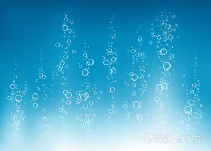 水下嘶空气, 水或氧气气泡在蓝色背景.海水中的气泡