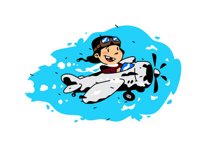 一个卡通男孩在云层中飞翔的插图。矢量插图。图像在白色背景下被隔离。插图为打印和网站。飞行员是我们时代的英雄