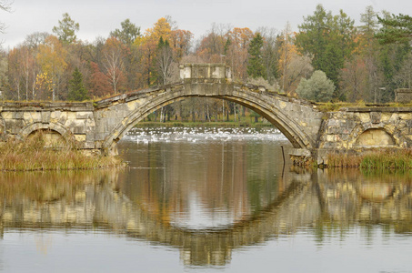 自然的季节性景观。湖中央的一座旧桥。它反映在水中