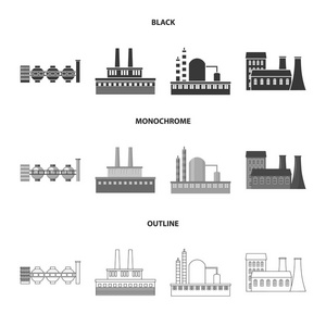 工业生产。工厂设置集合图标黑色, 单色, 轮廓样式矢量符号股票插画网站