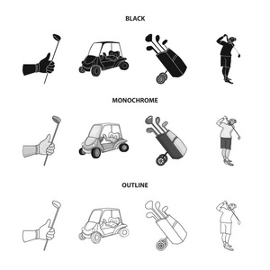 戴手套的手拿着棍子一辆高尔夫球车一个装着棍子的手推车袋, 一个人用棍子锤打。高尔夫俱乐部集合图标黑色, 单色, 轮廓样式矢量