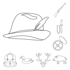 狩猎和奖杯轮廓图标集合中的设计。狩猎和设备矢量符号库存 web 插图