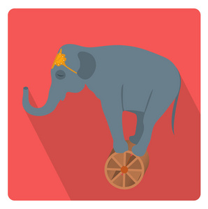 上轮图标平面样式与长长的影子，在白色背景上孤立的马戏团大象。矢量图