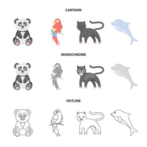 熊猫, popugay, 豹, 海豚。动物集合图标在卡通, 轮廓, 单色风格矢量符号股票插画网站