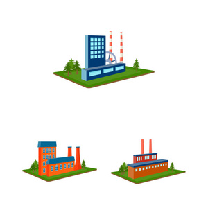 工厂和工厂的卡通图标集集为设计。生产和企业向量等距符号库存 web 插图