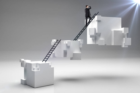 商人攀登抽象块与梯子在白色背景。职业发展和研究理念。3d 渲染