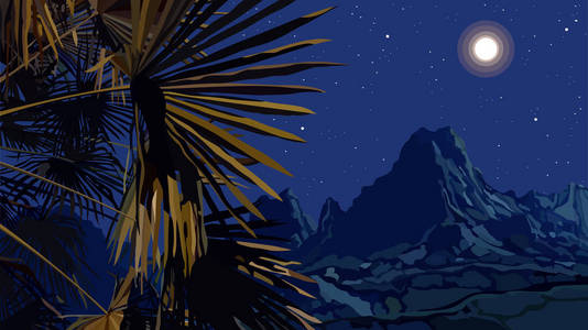 山背景下棕榈叶的画夜景观