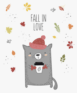 向量线画猫在帽子与口号关于秋天。涂鸦插图。感恩节, 情人节, 周年纪念日, 婴儿送礼会, 生日, 儿童聚会, 秋季假期