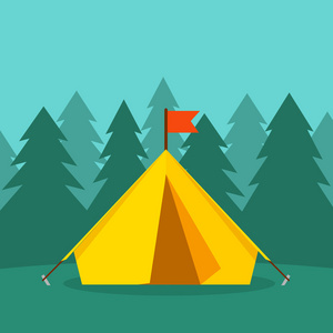 对森林景观矢量图的野营旅游帐篷。