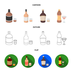 威士忌, 白酒, 朗姆酒, 苦艾酒。酒精集合图标在卡通, 轮廓, 平面风格矢量符号股票插画网站