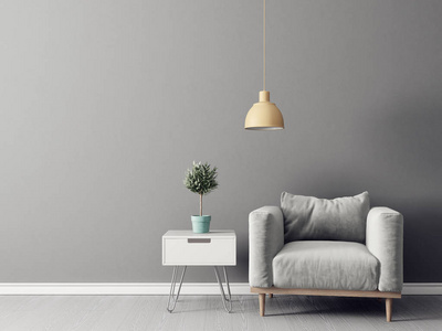 现代客厅用灰色扶手椅, 植物在锅和灯