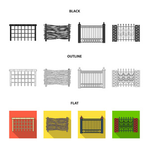 一块金属和砖块的栅栏, 木栅栏。一个不同的围栏集合图标在黑色, 平面, 轮廓样式矢量符号股票插画网站