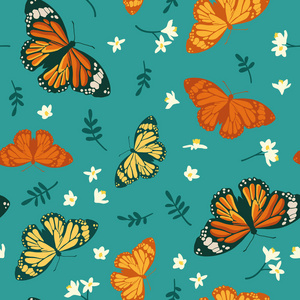 矢量无缝图案与明亮的蝴蝶, 树叶和花朵。手绘纹理设计