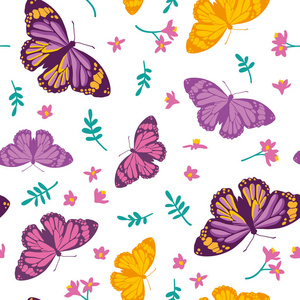 矢量无缝图案与明亮的蝴蝶, 树叶和花朵。手绘纹理设计