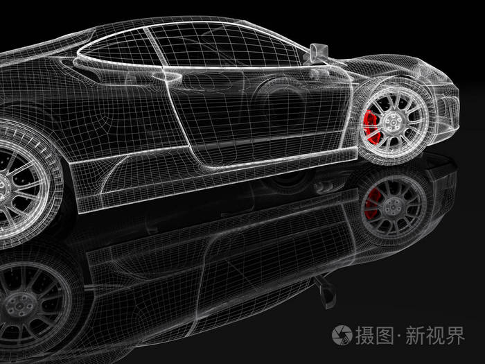 汽车车辆 3d 蓝图网格模型在黑色背景上的红色制动卡钳.